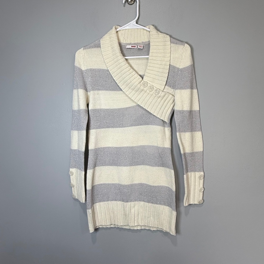 VTG Y2K Bongo Womens Striped Shawl Collar Metallic Knit Tunic Sweater Silver M